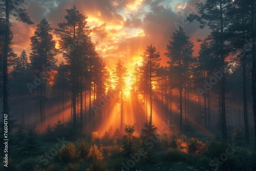 The suns rays filter through the trees in the forest  creating a warm and serene atmosphere in the natural landscape with a clear sky and gentle heat