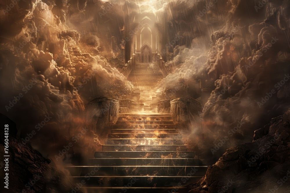 Mystical staircase leading to heavenly gates - This artwork presents a staircase amidst clouds leading to an ethereal archway, suggestive of a spiritual ascent - obrazy, fototapety, plakaty 