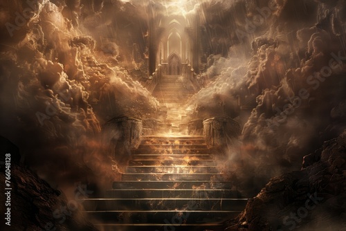 Mystical staircase leading to heavenly gates - This artwork presents a staircase amidst clouds leading to an ethereal archway, suggestive of a spiritual ascent photo