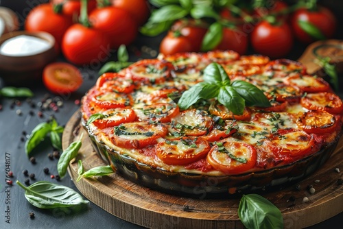 Fresh tomato basil pizza on a wooden tray - A bright and colorful pizza with sliced tomatoes and basil, oozing with cheese on a wooden board photo