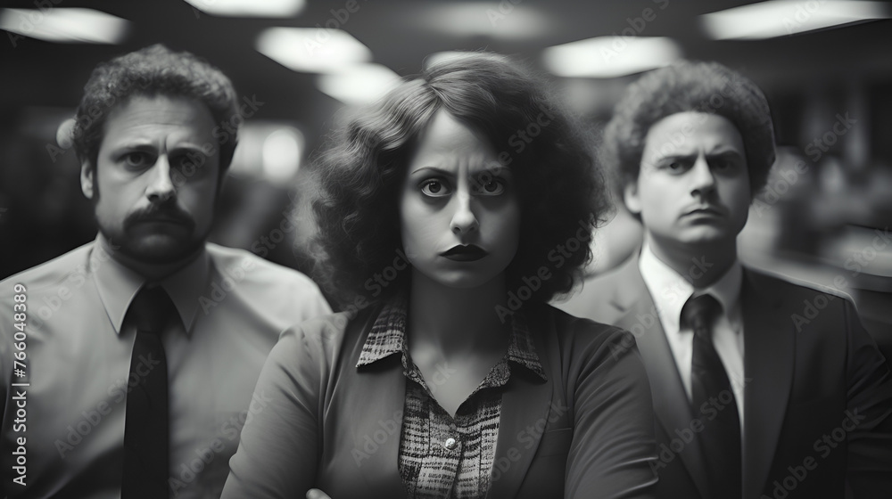 Eccentric and quirky office workers frustrated and aggravated - regular people - not models - black and white - gritty appearance - vintage feel - serious expression - workplace humor 
