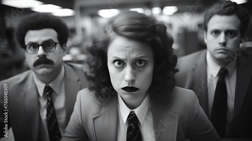 Eccentric and quirky office workers frustrated and aggravated - regular people - not models - black and white - gritty appearance - vintage feel - serious expression - workplace humor 
