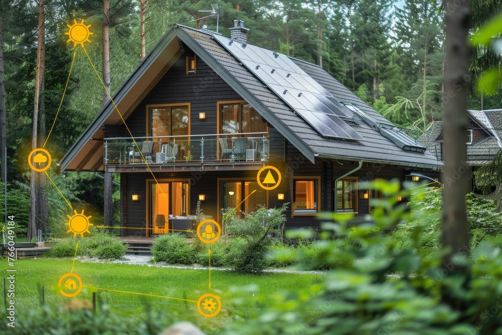 Solar photovoltaic panels on a modern house roof, produce electricity with innovation renewable clean eco energy. Solar photovoltaic panels on a modern house roof, produce electricity with innovation renewable clean eco energy.