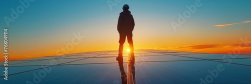 Workers in silhouette against the sunset sky, showcasing clean solar energy production and work safety.