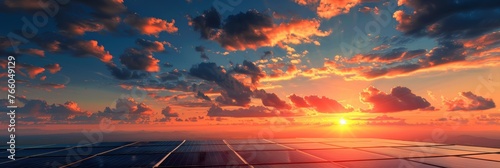 Solar panel array under the glow of sunrise or sunset, with blue and orange sky.
