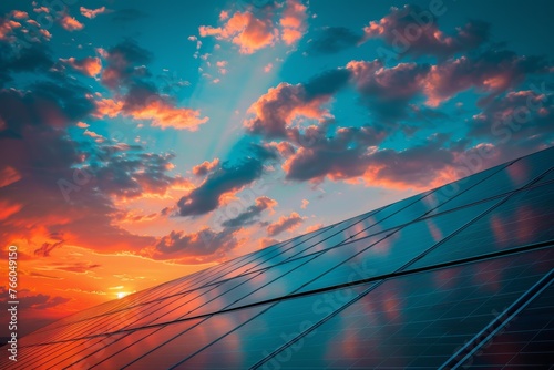 Solar panel array under the glow of sunrise or sunset, with blue and orange sky.