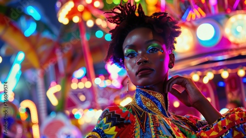 A lively, carnival-themed fashion shoot with bright, festive costumes. The model is amidst a backdrop 