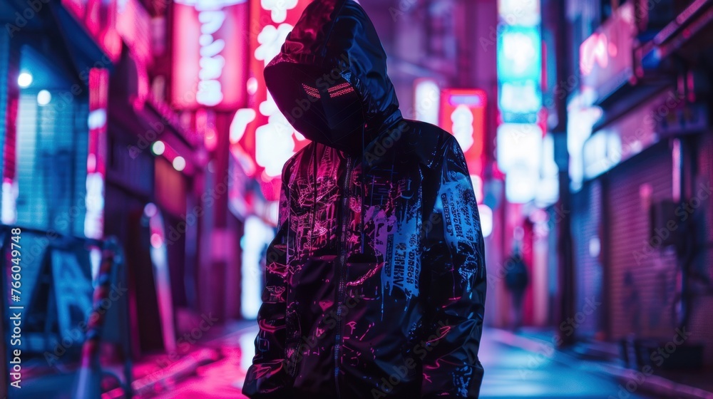 A luxury streetwear collection inspired by digital art and cyberculture, incorporating LED displays, 