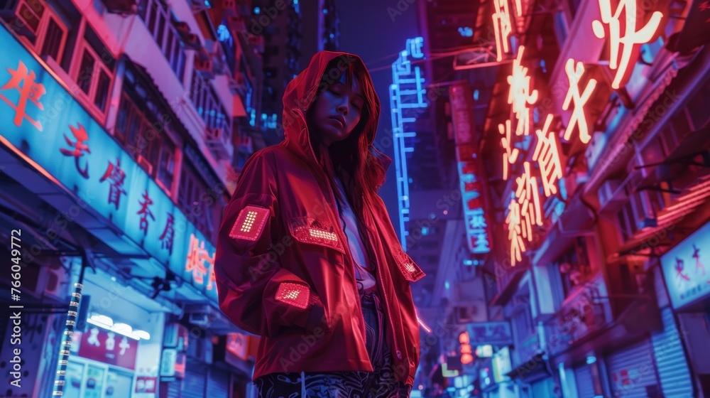 A luxury streetwear collection inspired by digital art and cyberculture, incorporating LED displays, smart 
