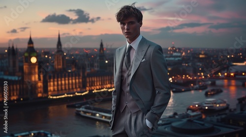 A modern reinterpretation of the classic three-piece suit, featuring innovative materials and slim-fit designs, set against the backdrop  photo