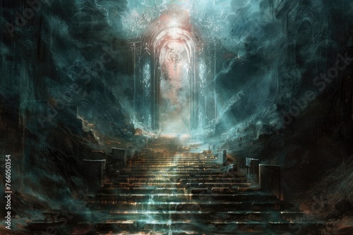 Eerie blue staircase with ethereal glow - A haunting image with a staircase leading to a glowing portal amidst a mystical blue mist, suggesting an unknown passage photo