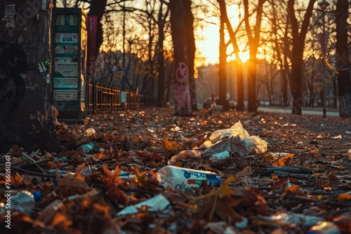 Dusk light filters through trees onto litter - Thought-provoking image of polluted parkland with litter strewn about in fading dusk light, symbol of environmental neglect