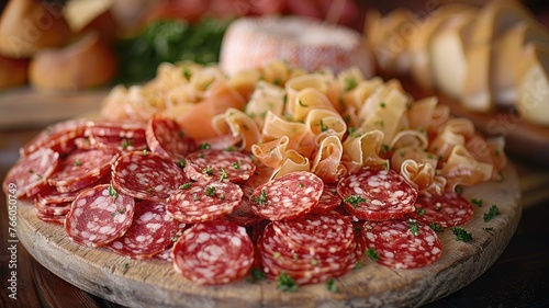 Salami and cheese platter with garnish - Tastefully arranged platter of sliced salami, cheese rolls, garnished with fresh herbs, epitomizing crafted presentation