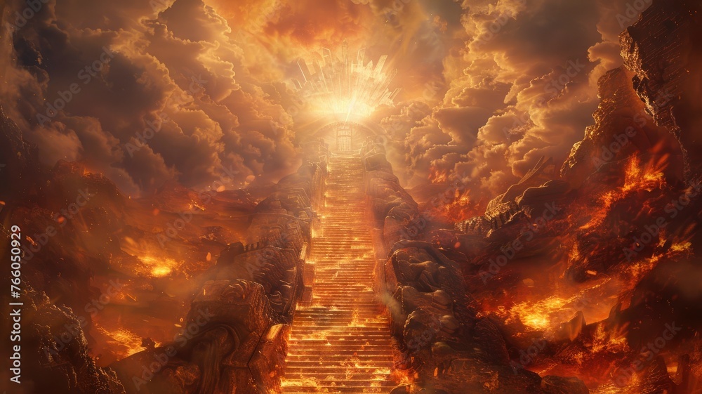 Fiery climb toward a celestial opening - A dramatic composition with a staircase ascending towards a bright celestial opening among fiery clouds - obrazy, fototapety, plakaty 