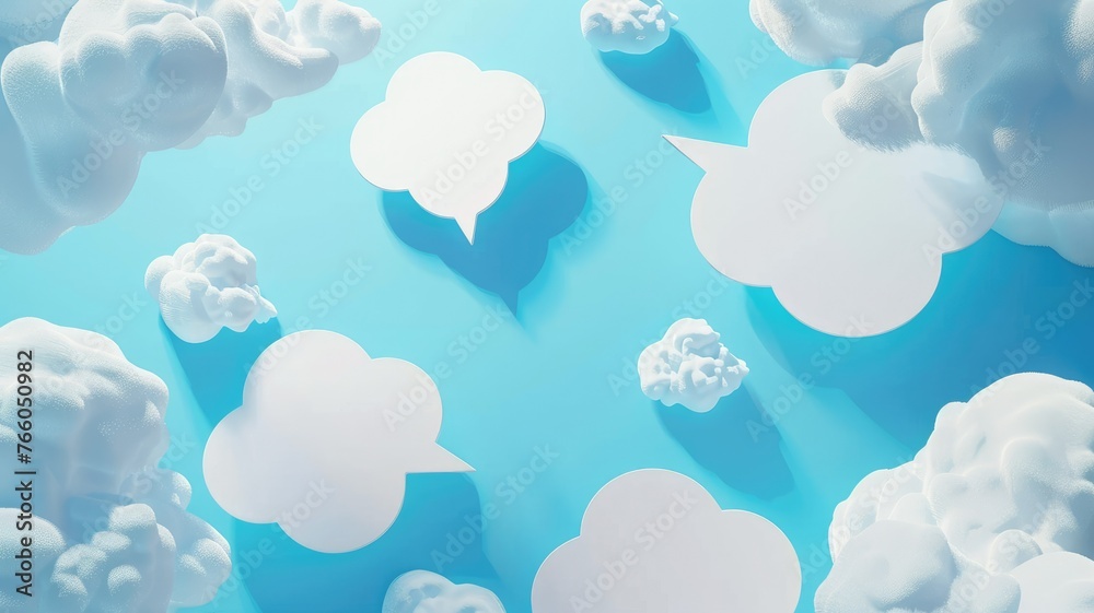 Cloud speech bubbles on blue background - A creative illustration of conversation bubbles among fluffy white clouds against a clear blue backdrop signifying communication Cloud speech bubbles on blue background - A creative illustration of conversation bubbles among fluffy white clouds against a clear blue backdrop signifying communication