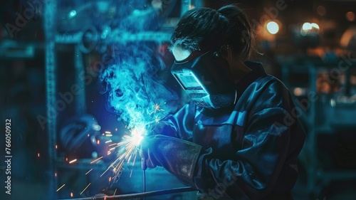 Female welder working with intense flame - Female industrial worker handles welding equipment with a flare of bright sparks in a factory setting