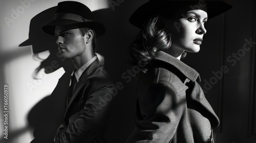 A photoshoot inspired by the 1940s Hollywood film noir, featuring femme fatale styles with tailored suits, trench coats, and fedoras,  photo