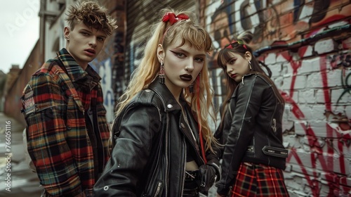 A punk rock fashion shoot in a gritty urban setting, with models sporting leather jackets, tartan patterns, 