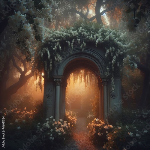 Mystical fantasy landscape with arch and jasmine flowers. 