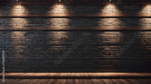  brick wall with wooden floor may used as background. brick wall  dark background for design. AI generated image  ai.