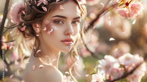 A serene beauty portrait set in a blooming garden during spring. The subject has delicate floral makeup, 