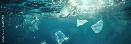 Plastic bags floating in ocean underwater scene - A haunting underwater image capturing the environmental issue of plastic pollution as bags float in the ocean, resembling marine life