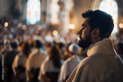 A pensive clergyman with a well-groomed beard and short hair, wearing religious attire, captures a moment of reflection amid a congregation. The warm sunlight streaming through the church windows. 