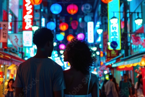 African American Couple Embracing Culture in Tokyo Kimono Nightlife Exploration Under Glowing Paper Lanterns and Cherry Blossom Trees photo