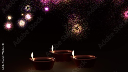 Diwali celebration with fireworks display and illuminated diyas against a night sky, symbolizing the  Hindu festival of lights.