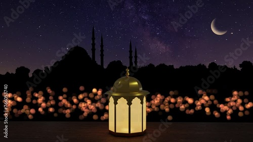 Traditional Ramadan lantern. Islamic festive background. Majestic nighttime view of a glowing lantern in front of a Mosque under a crescent moon