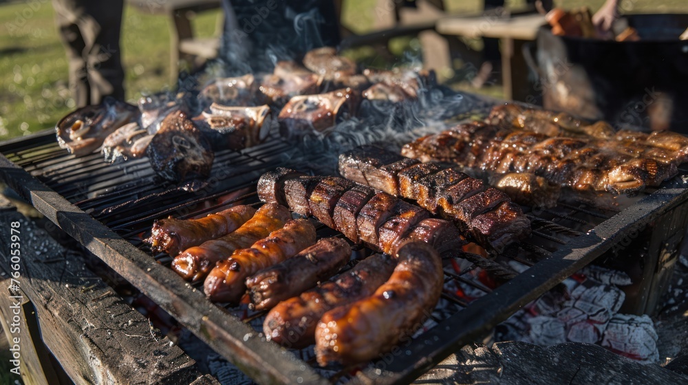 A traditional Argentine asado in an open field, with a variety of meats, including chorizo, morcilla, and ribs, slow-cooked over a wood fire. The communal event 