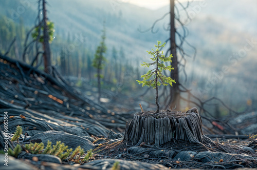 A small tree is growing out of a stump in a forest. The stump is surrounded by dead trees and the forest appears to be in a state of decay. Concept of resilience and hope photo