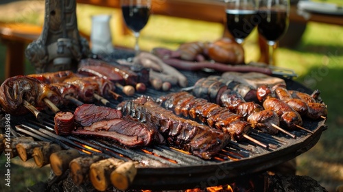 A traditional Argentine asado in an open field, with a variety of meats, including chorizo, morcilla, and ribs, slow-cooked over a wood fire. The communal event  photo