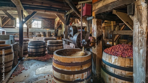 A traditional cider mill, where workers press apples into fresh cider using age-old methods. The sound of the press and the smell of crushed apples fill the air, © Alex