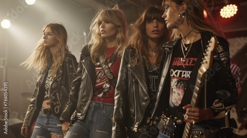 A tribute to rock 'n' roll's influence on fashion, with models styled in leather jackets, distressed 