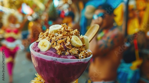 A vibrant carnival in Brazil, where a street vendor serves fresh acai bowls topped with granola, banana,  photo