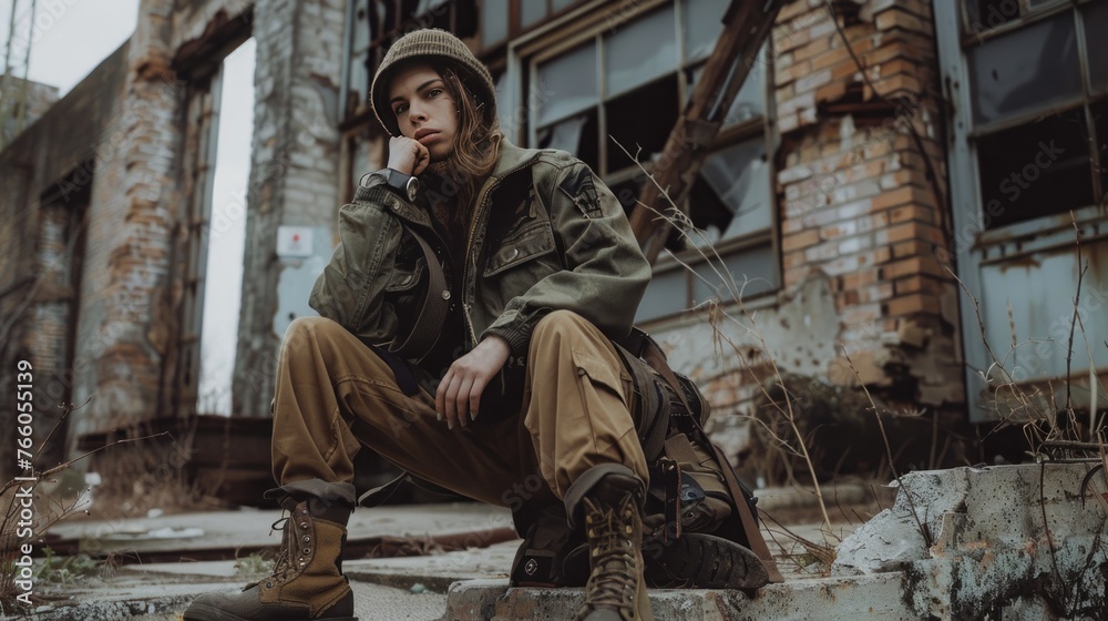 A vintage military-inspired fashion shoot, showcasing utilitarian jackets, cargo pants, and rugged boots, 