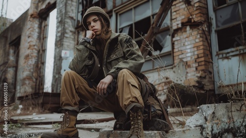 A vintage military-inspired fashion shoot, showcasing utilitarian jackets, cargo pants, and rugged boots, 