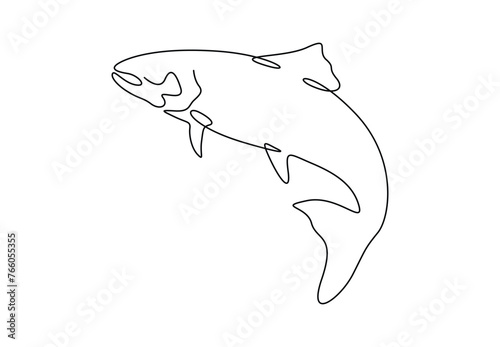 Continuous one line drawing of big salmon or trout for logo identity. Large lake fish mascot concept for fishing tournament vector illustration photo