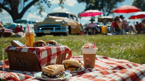 A vintage-inspired picnic at a classic car show, where retro enthusiasts gather. The basket is packed with 1950s favorites  photo