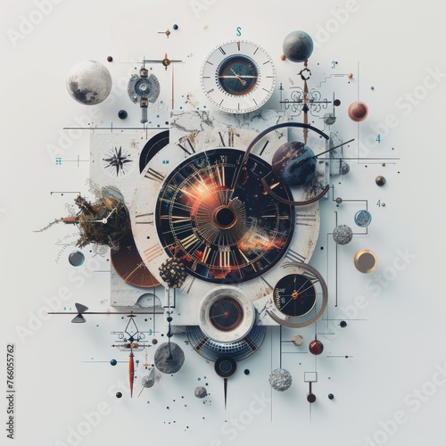 Create a striking composition showcasing how different cultures interpret time using symbols like calendars, celestial bodies, seasons, and ancient timekeeping devices