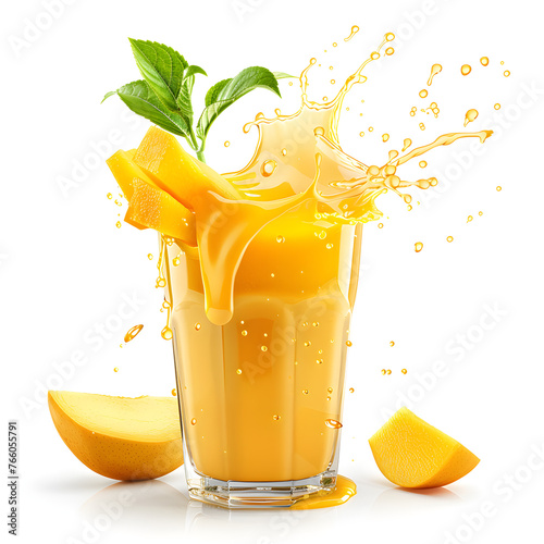 A vibrant and refreshing image of a mango with dynamic mango lasse juice splash on a white background, perfect for use in food and beverage promotions or articles. photo