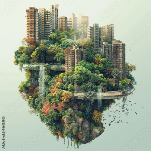 Capture the captivating contrast of nature reclaiming urban spaces in a side view illustration Show the gradual transformation from concrete jungle to lush green oasis with intricate details