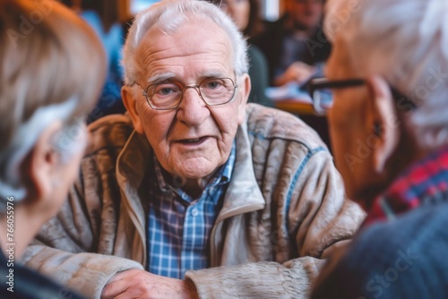 Elderly Caucasian Man Conversing with Peers