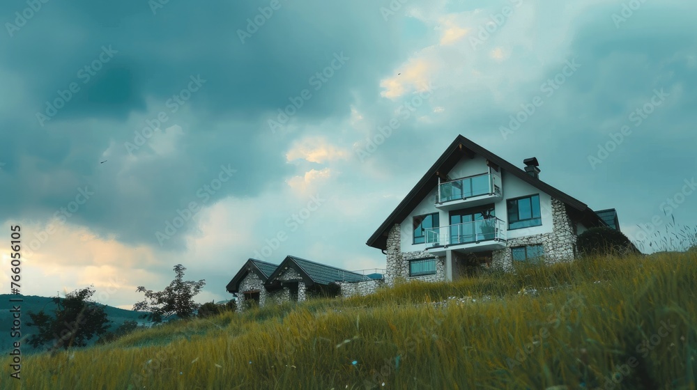 Panorama View from the bottom of a grassy hill with a house against cloudy sky background. Dormer, gable roofs, balcony, and stone wall can be seen at the home exterior.