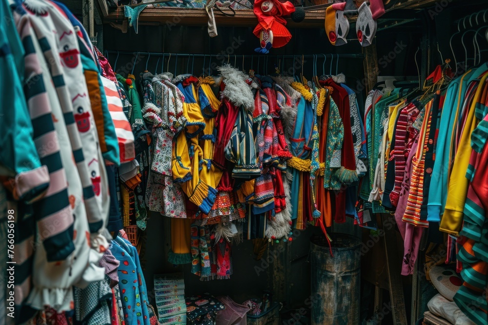 Clown costumes and props cluttered in a wardrobe