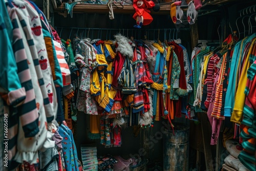 Clown costumes and props cluttered in a wardrobe