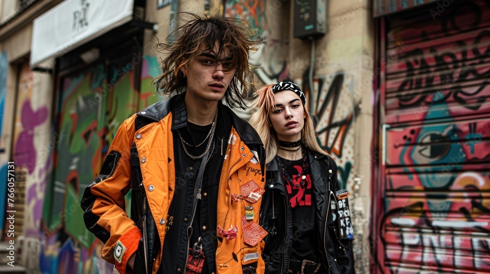 An edgy, street-style editorial showcasing the vibrant youth culture of Le Marais, with models sporting luxury mixed with vintage finds, 