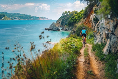 Cyclist on a coastal trail with a scenic ocean backdrop © evgenia_lo