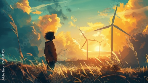 Illustration portraying a character committed to clean energy solutions aligning with the global trend towards carbon neutrality.